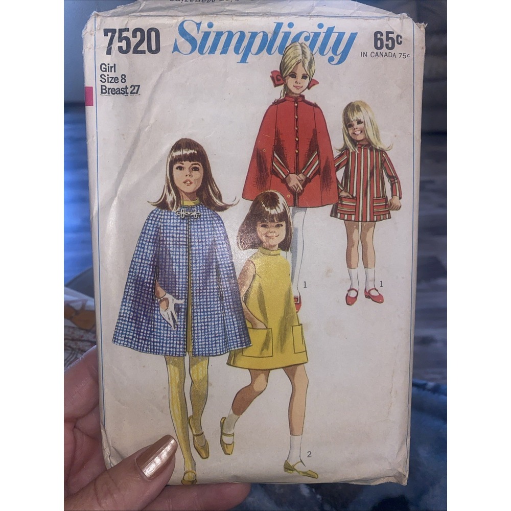 Simplicity 7520 Girls Cape & Dress Pattern Sz 8 Cut Complete 1967 Vintage Mod